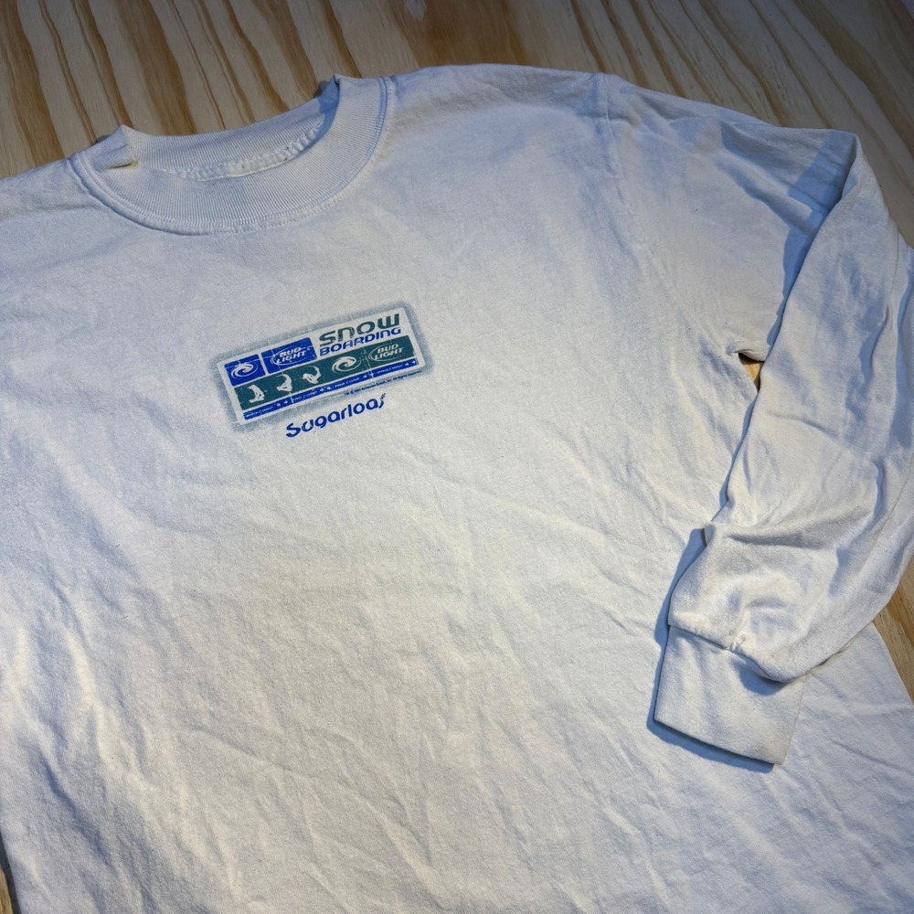 Gildan Mens White Bud Light Snowboarding Sugarloaf Long Sleeve Tee Size M